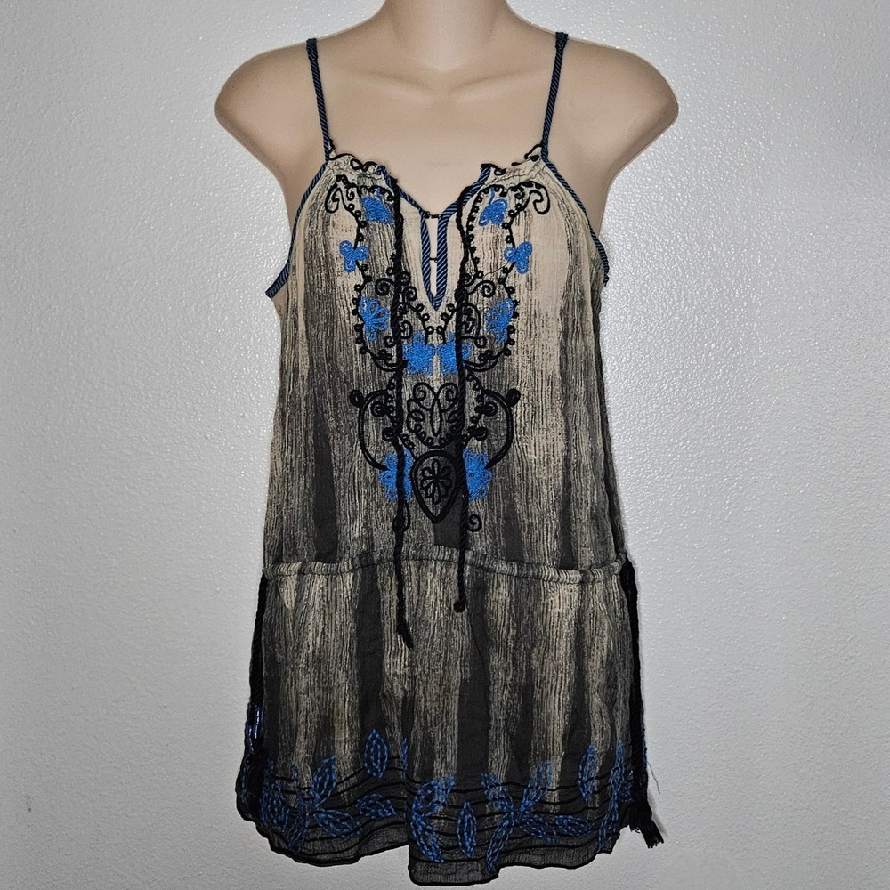 Free People Embroidered Tunic Tank Top Blue Black Bohemian Festival